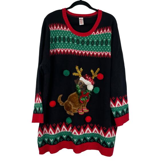 Holiday Time Christmas Ugly Knit Sweater Pug Doggie Women's Size 3X - Picture 1 of 13